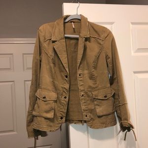 Free People Tan Ruffle-Back Twill Military Jacket.
